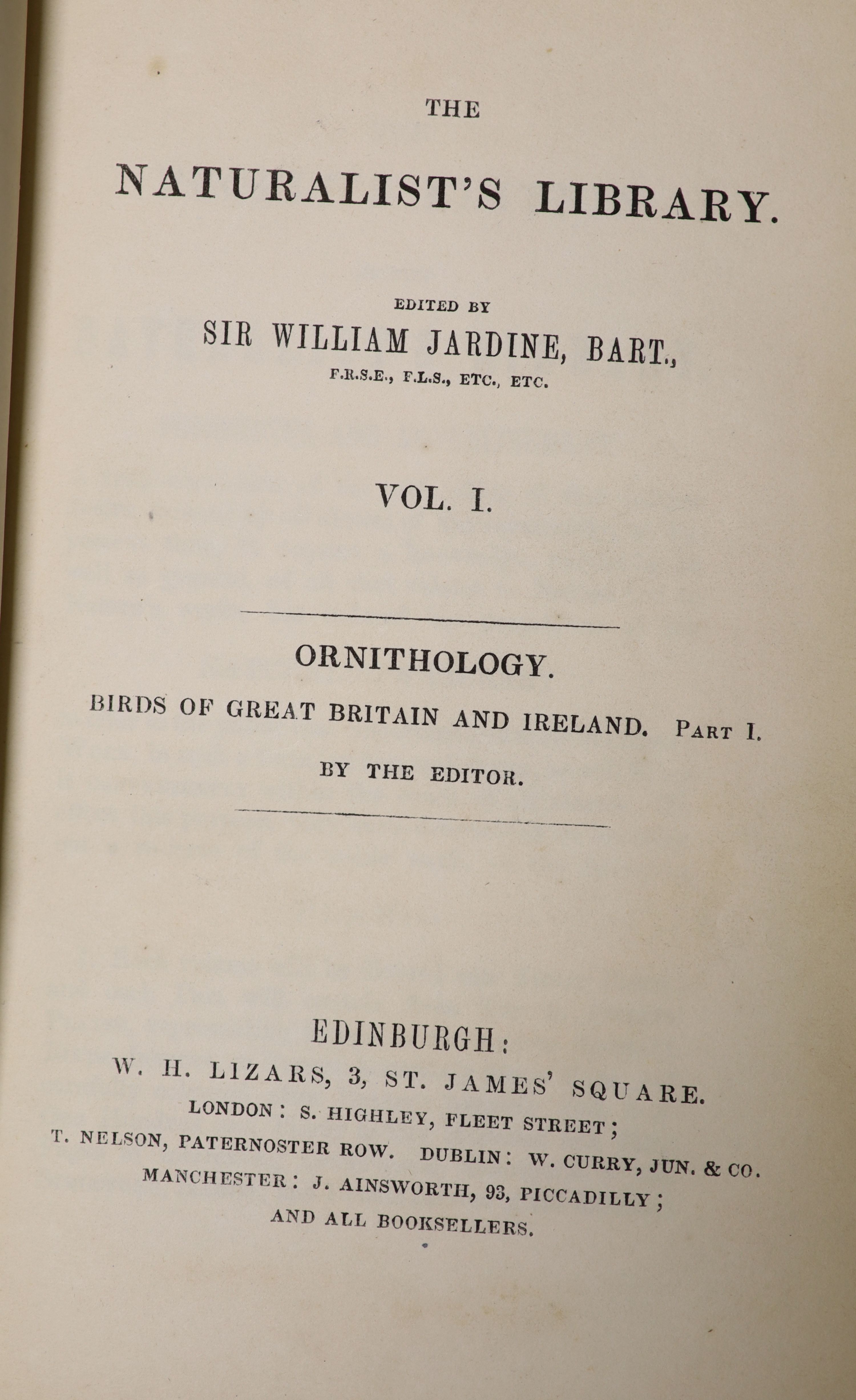 Jardine, William, Sir (editor) - The Naturalists’ Library, Ornithology. Birds of Great Britain and Ireland, 8vo, rebound red cloth gilt, front boards retained, end papers renewed, vols I, 11, 111, V, VI, and VII, with po